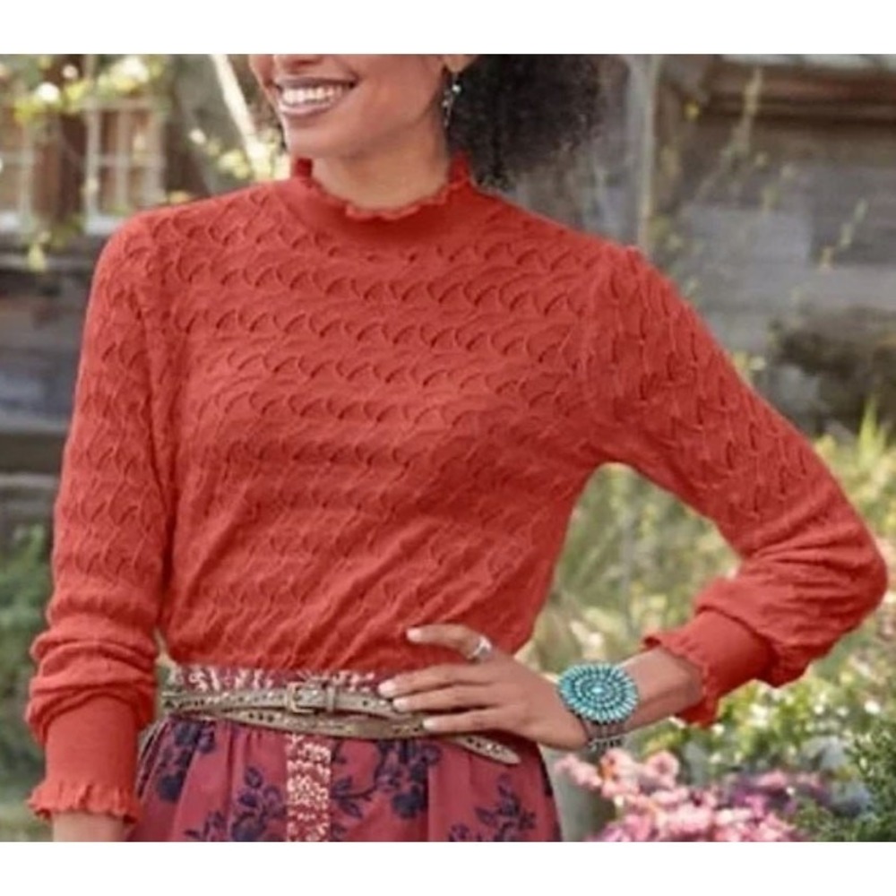 SUNDANCE Frances Pointelle Ruffle Mockneck Sweater Boho Feminine Rust Red Sz XS